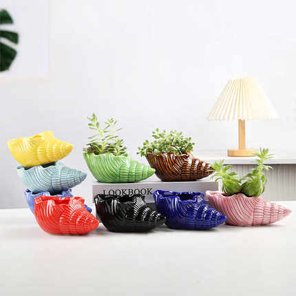 办公室绿植花器 卧室装饰品卡通海螺陶瓷工艺品 多肉花盆欧式摆件