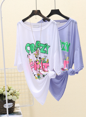 韩国东大门夏季新款宽松冰丝短袖t恤女做旧卡通夏装休闲百搭半袖