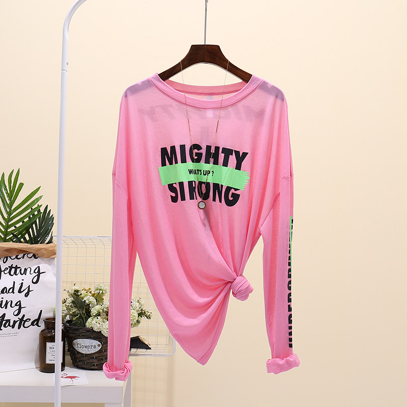 字母印花长袖t恤女夏薄款微透宽松休闲慵懒风防晒罩衫粉冰丝上衣