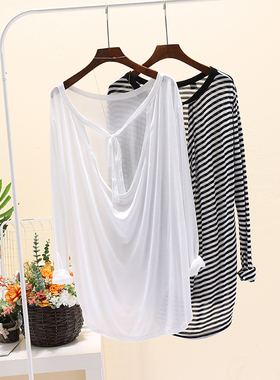 韩版chic薄款条纹长袖防晒衫女夏季2025新款宽松露背T恤性感上衣