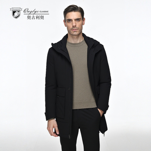 奥古利奥冬季新品男士中长款连帽羽绒服黑色商务休闲加厚保暖外套