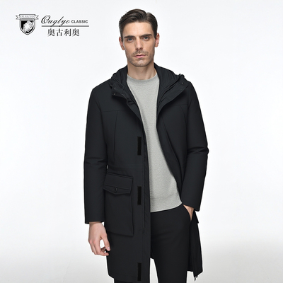 商务休闲中长款男士黑色冬季连帽