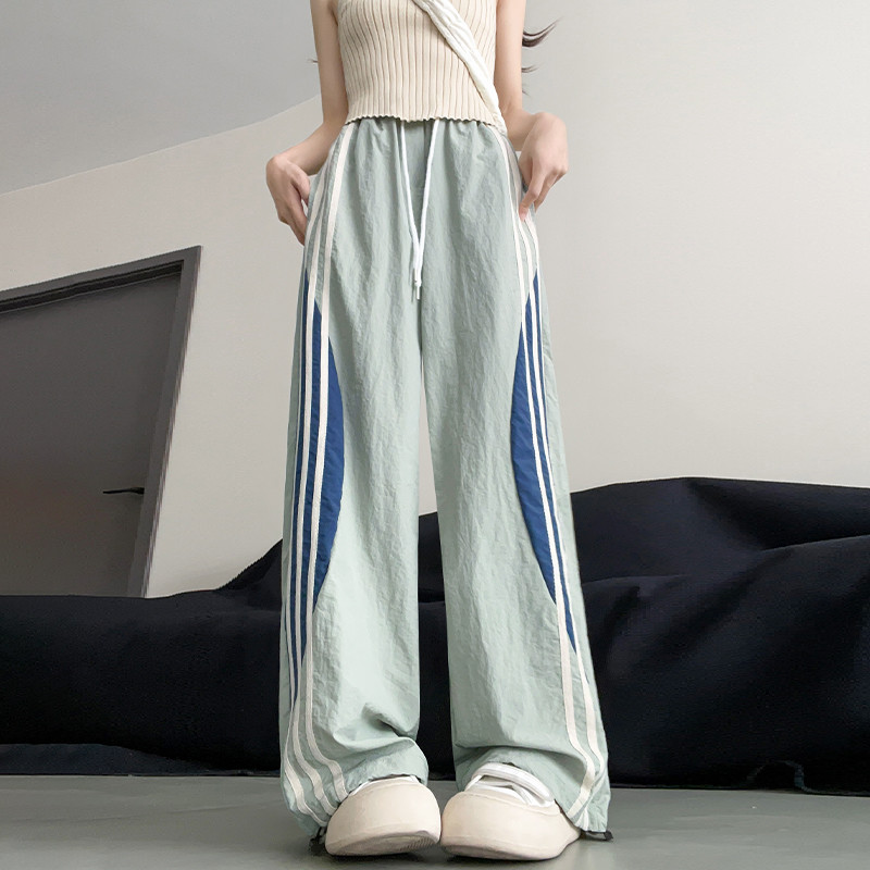 冰丝多巴胺条纹速干裤子女夏天薄款拼接撞色运动休闲直筒阔腿长裤