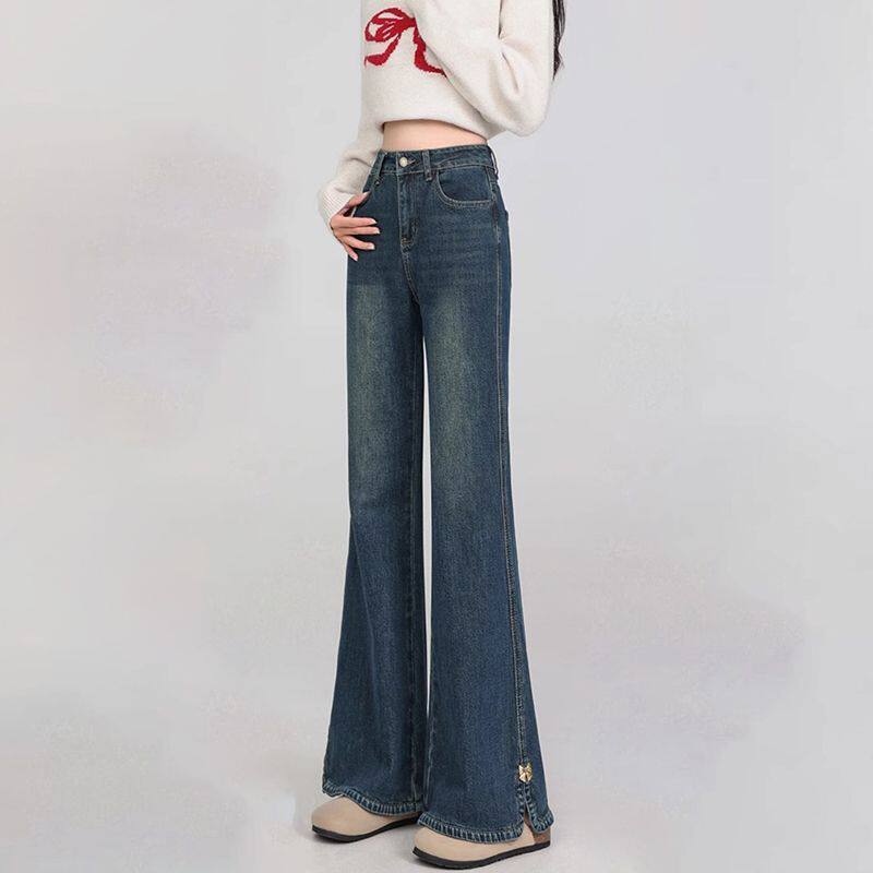 复古深蓝阔腿微喇牛仔裤女2026春秋新款高腰宽松显瘦喇叭拖地裤子