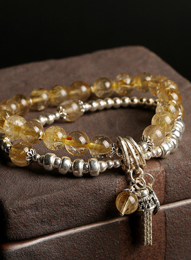 批发女式金发晶手链复古银饰流苏手链创意叠戴双层手链民族风