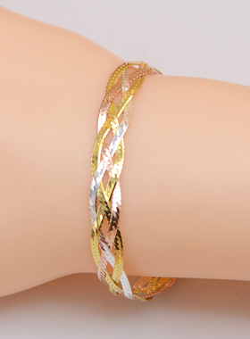 陈银匠银饰 s925彩银四编手链 扁平手链  女士 三彩银 四股