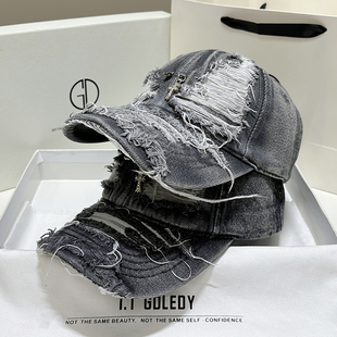 灰色鸭舌帽男女士新款破洞个性小众防晒遮阳帽做旧复古帽子棒球帽