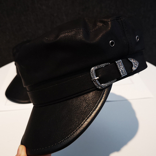 鸭舌帽黑色帽子女秋韩版 潮百搭贝雷帽皮质黑色网红八角帽英伦皮帽