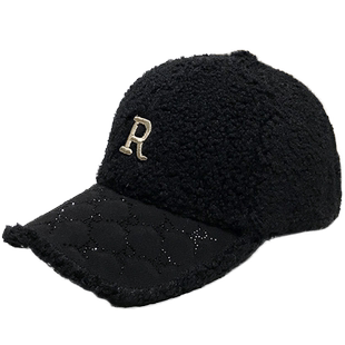 2025网红鸭舌帽女秋冬水钻小香风帽子毛绒保暖字母加绒硬顶棒球帽