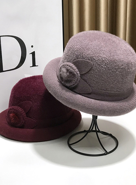 法式礼帽女冬天保暖紫色帽子中老年妈妈加绒洋气奶奶针织卷边盆帽