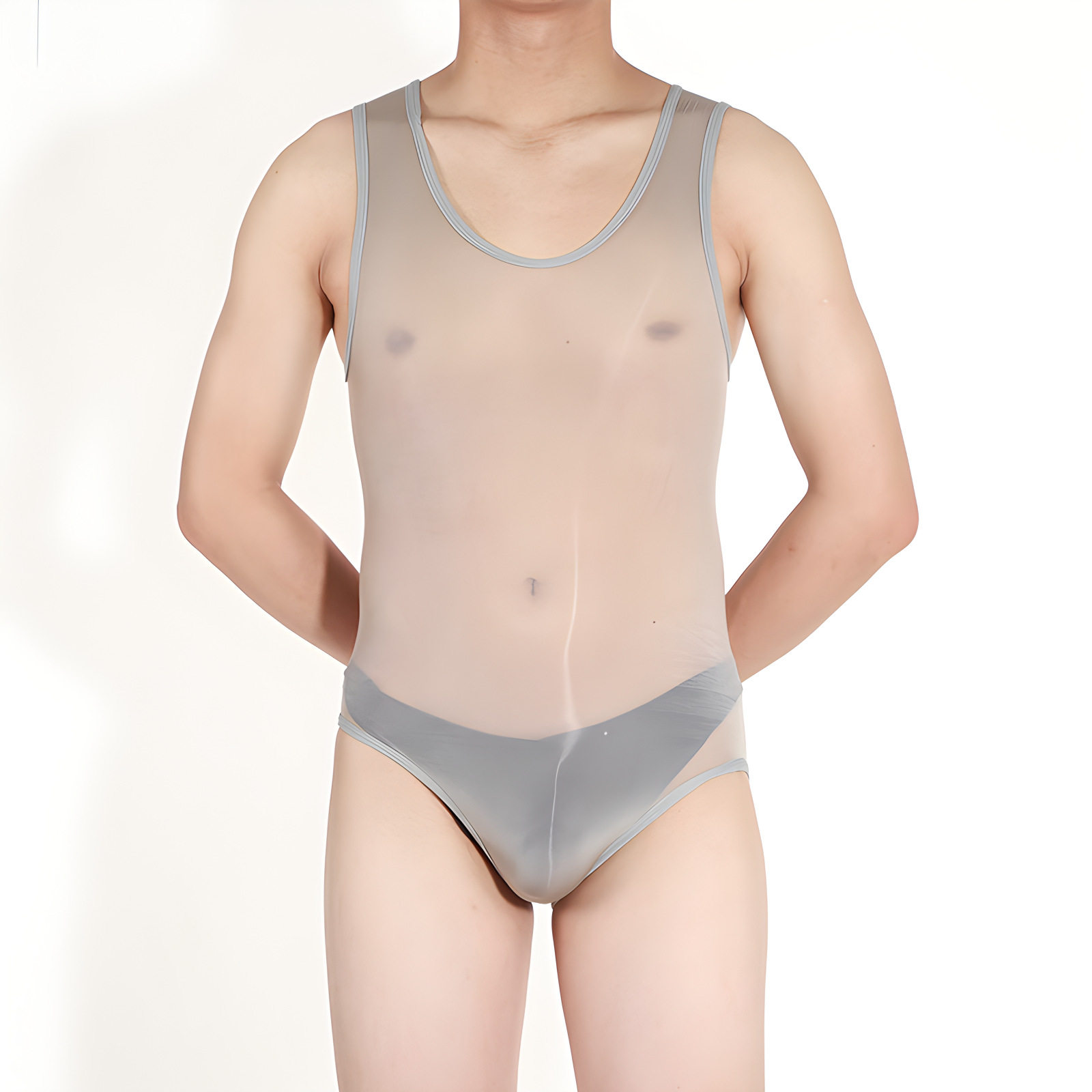 男士高弹油亮透明泳衣超薄丝滑透视紧身伪娘黑丝连体内衣套装