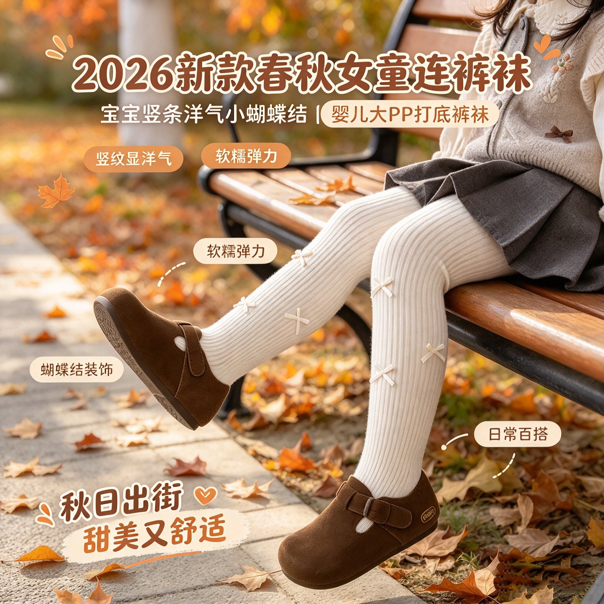 2026新款春秋女童连裤袜宝宝竖条洋气小蝴蝶结婴儿大PP打底裤袜子