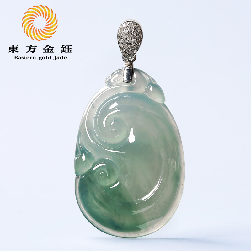 东方金钰 天然A货18K金镶扣 翡翠如意吊坠冰糯种玉如意水润起胶