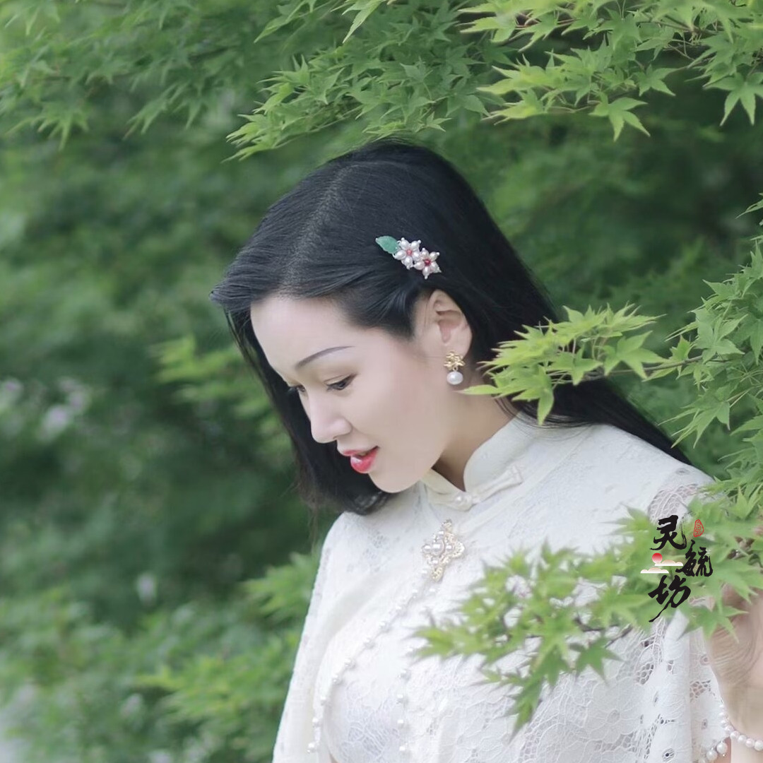 天然珍珠发夹 司藤同款发饰 花朵叶子旗袍新中式发夹配饰边夹