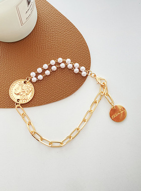 简约小众设计ins风手链女创意不对称个性设计人头像手镯珍珠手饰