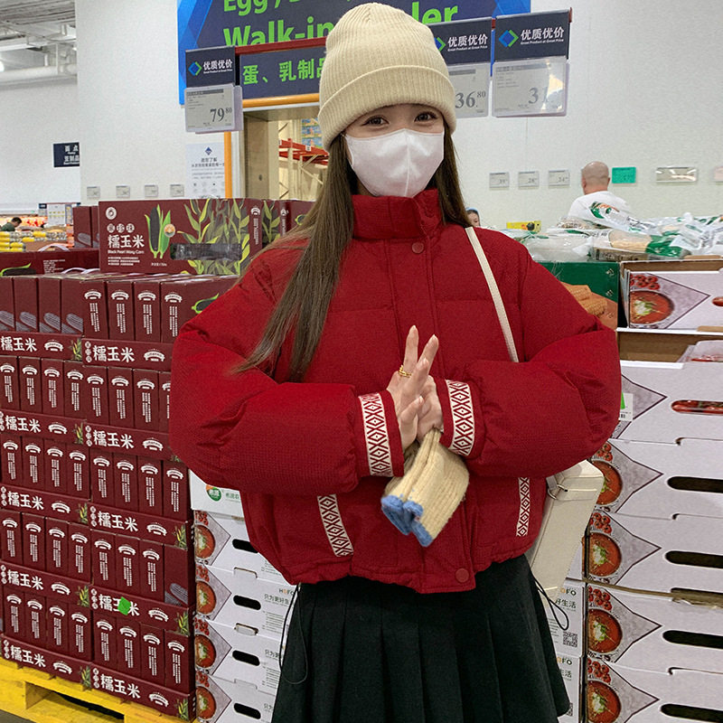 酒红色短款羽绒服女冬季2025羽绒服