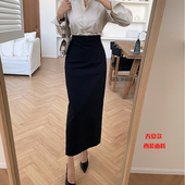 夏秋新款 直筒裙休闲一步裙高腰包臀小黑裙中长女裙子 脚踝长裙修身