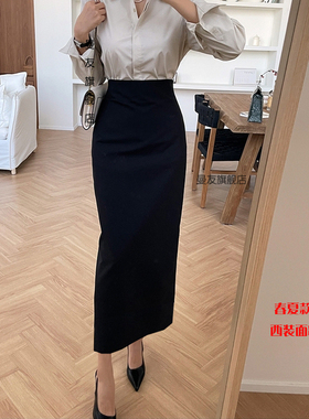 夏秋新款脚踝长裙修身直筒裙休闲一步裙高腰包臀小黑裙中长女裙子