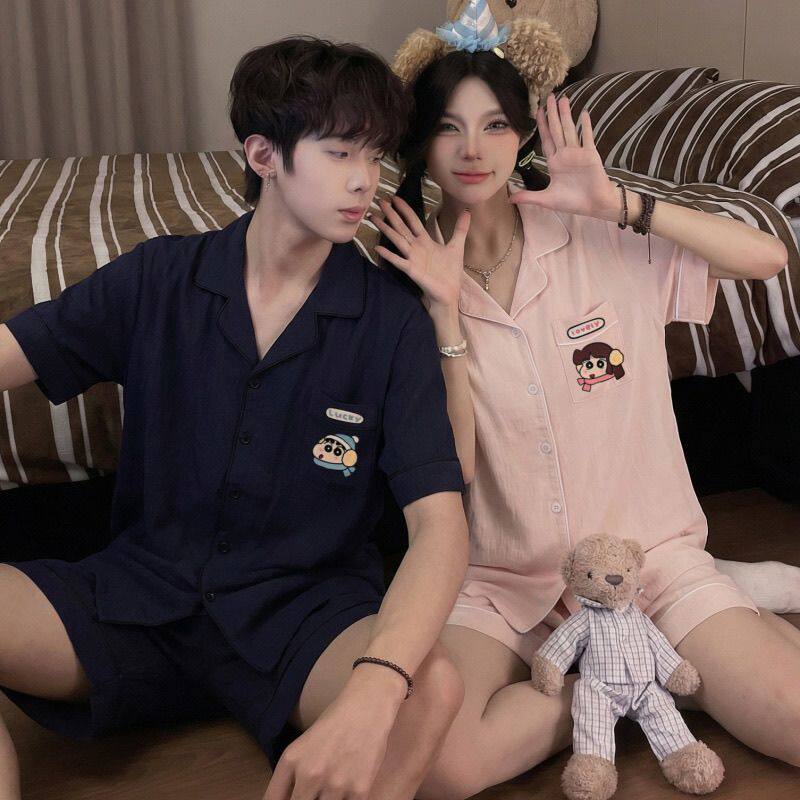 2026新款蜡笔小新情侣睡衣女夏季云朵棉短袖男家居服开衫套装ins