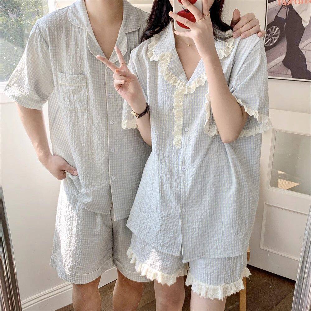 [两套装]日系格子情侣睡衣女夏季花边甜美短袖男士家居服可外穿