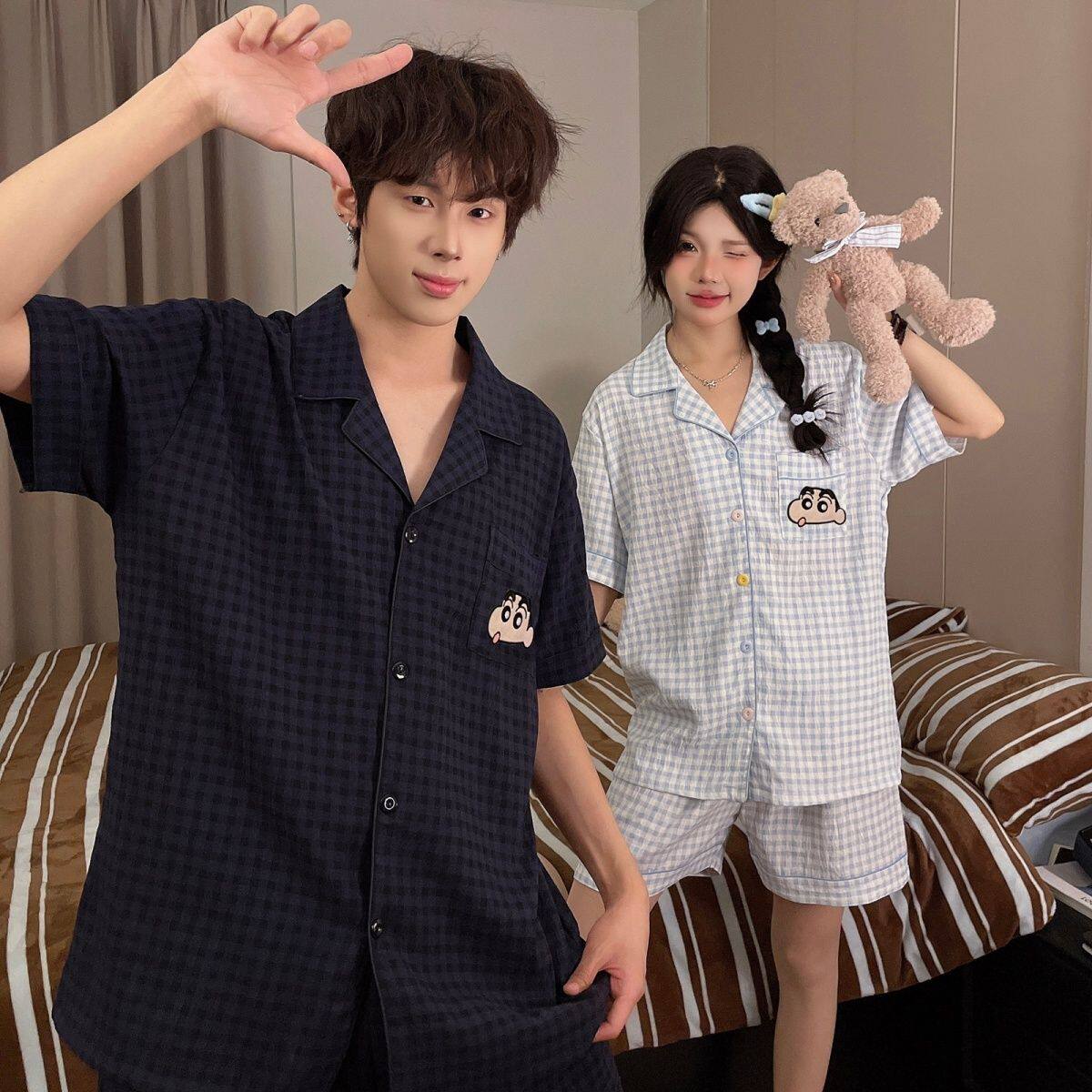 蜡笔小新情侣睡衣女生夏季云朵棉可爱短袖男家居服开衫套装ins风