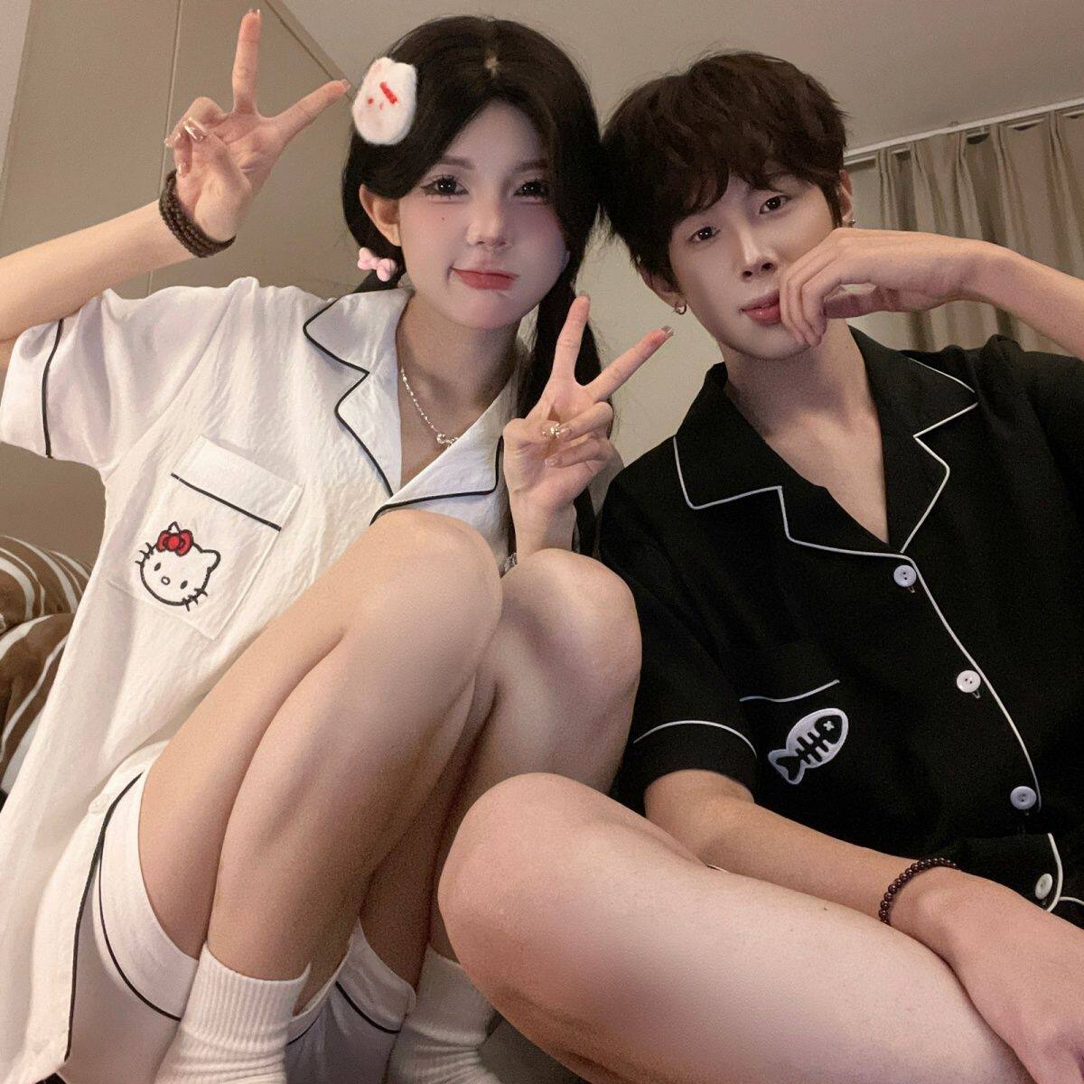 kitty情侣睡衣女生夏季云朵棉可爱卡通短袖男家居服开衫套装ins风