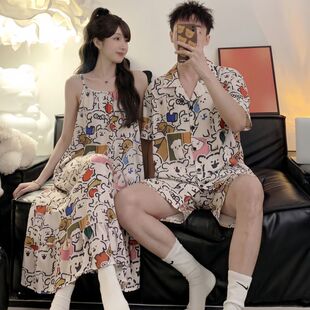 买一送一情侣冰丝睡衣夏季带胸垫吊带睡裙凉感短袖家居服套装可外
