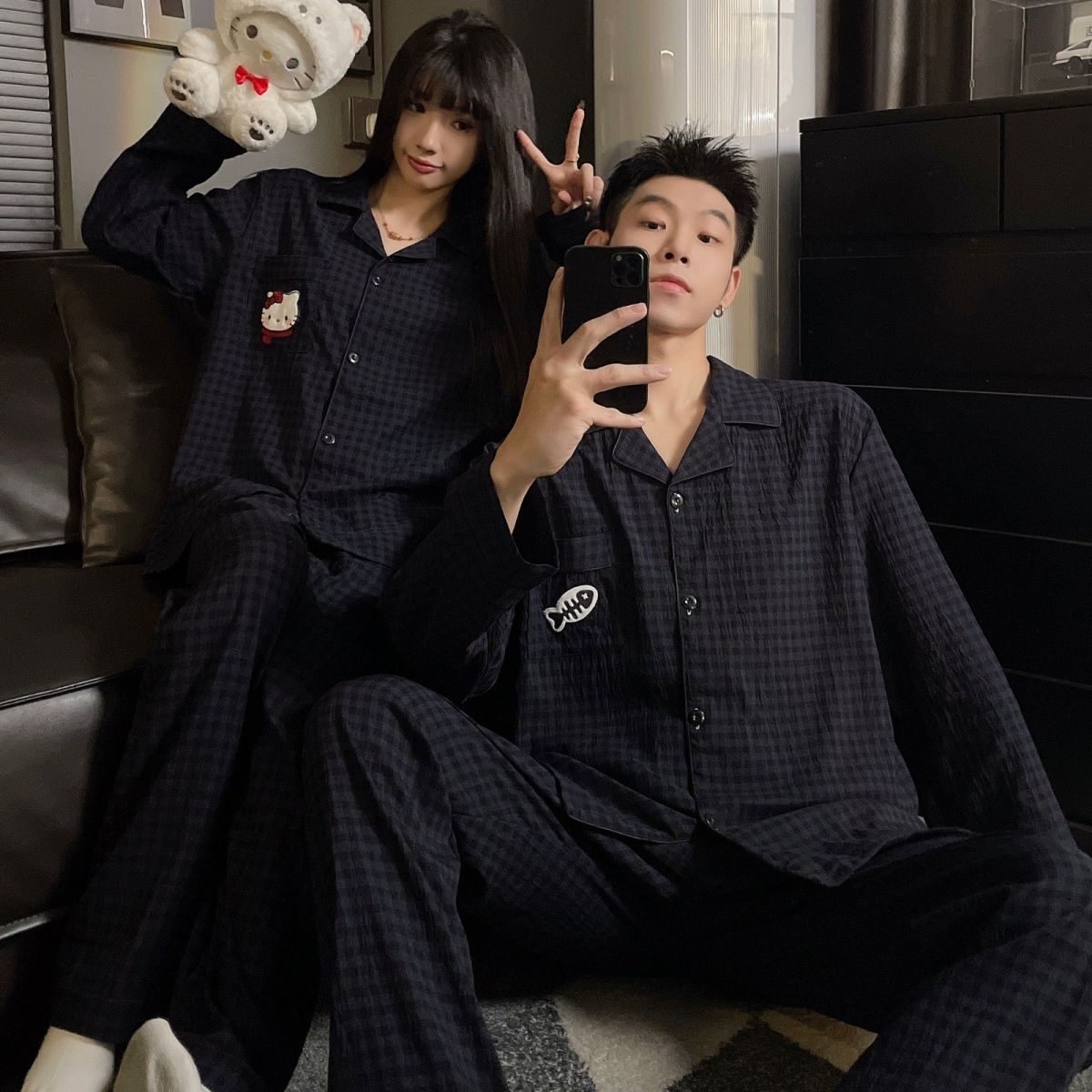 情侣睡衣女士春夏季云朵棉质可爱卡通Kitty新品长袖男家居服套装