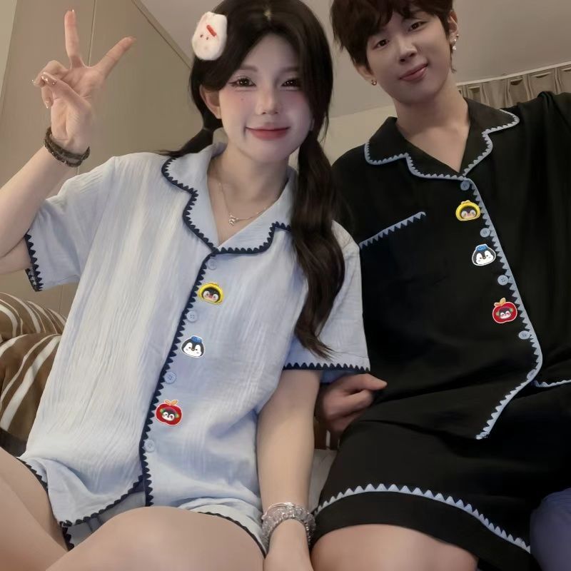 夏季云朵棉2026新款情侣睡衣女短袖薄款男士卡通开衫家居服套装