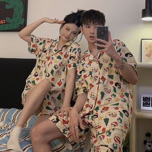 一男一女情侣睡衣夏天冰丝短袖薄款可爱蜡笔小新男女夏家居服套装