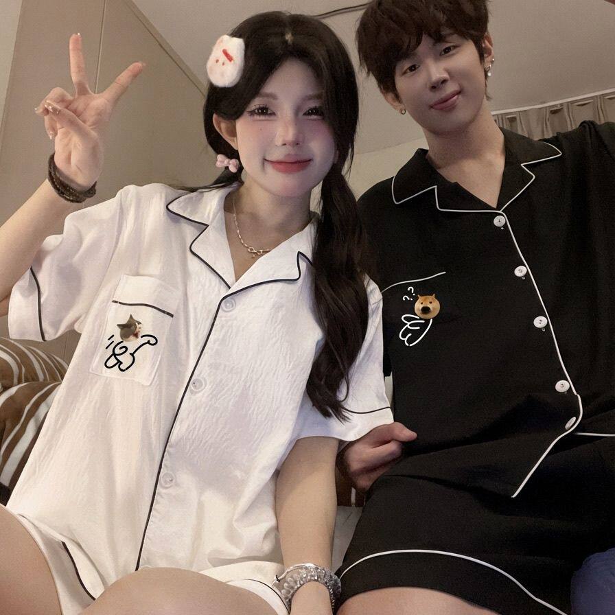 2026新款搞怪情侣睡衣女夏季梭织棉短袖男士家居服开衫套装ins风