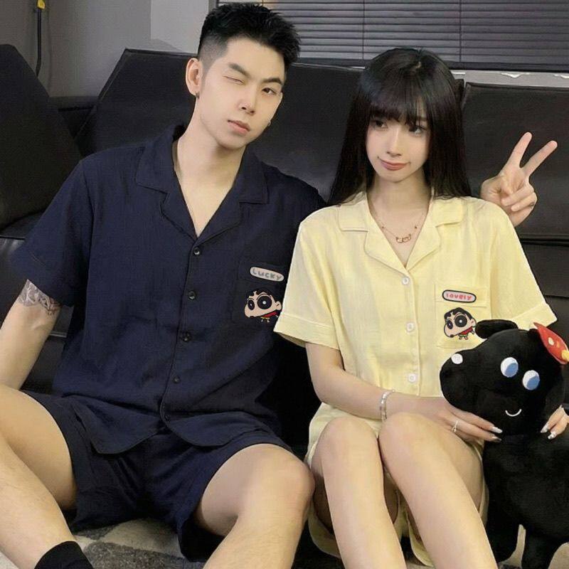 2026新款可爱蜡笔小新情侣睡衣女夏季云朵棉短袖男家居服开衫套装