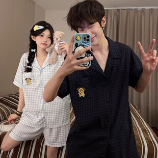 套装 ins风 男家居服开衫 情侣睡衣少女夏云朵棉可爱卡通线条狗短袖