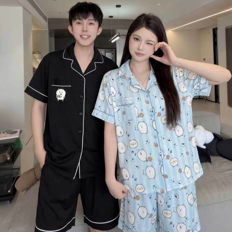2026新款夏季冰丝爽棉情侣睡衣女可爱短袖男士薄款开衫家居服套装