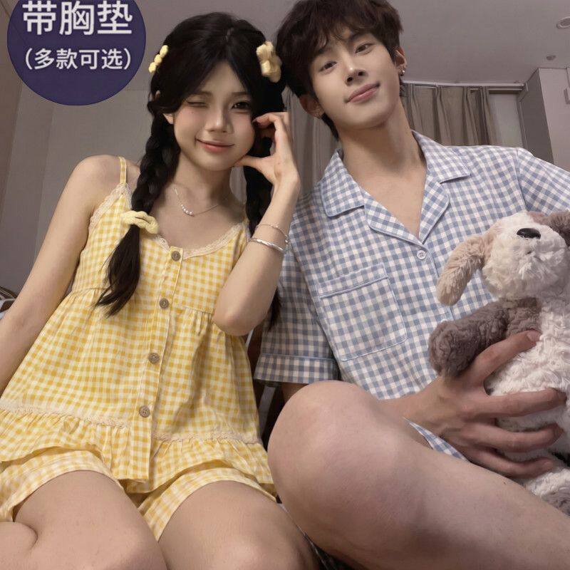 2026新款云朵棉情侣睡衣女吊带带胸垫夏季短袖男士格子家居服套装