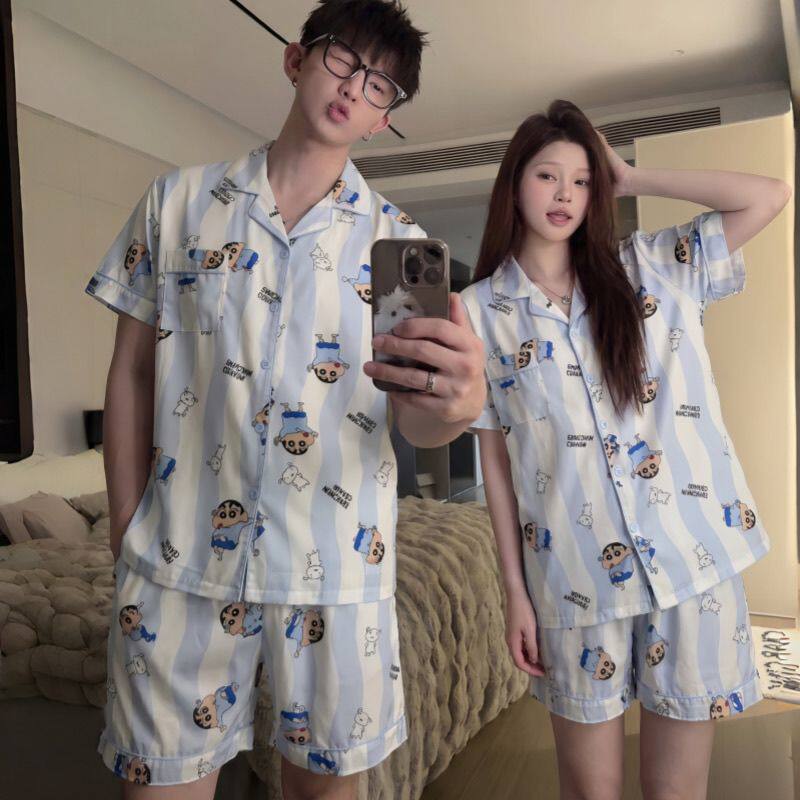2025新款情侣睡衣少女夏季可爱卡通冰丝凉感男款家居服套装ins风
