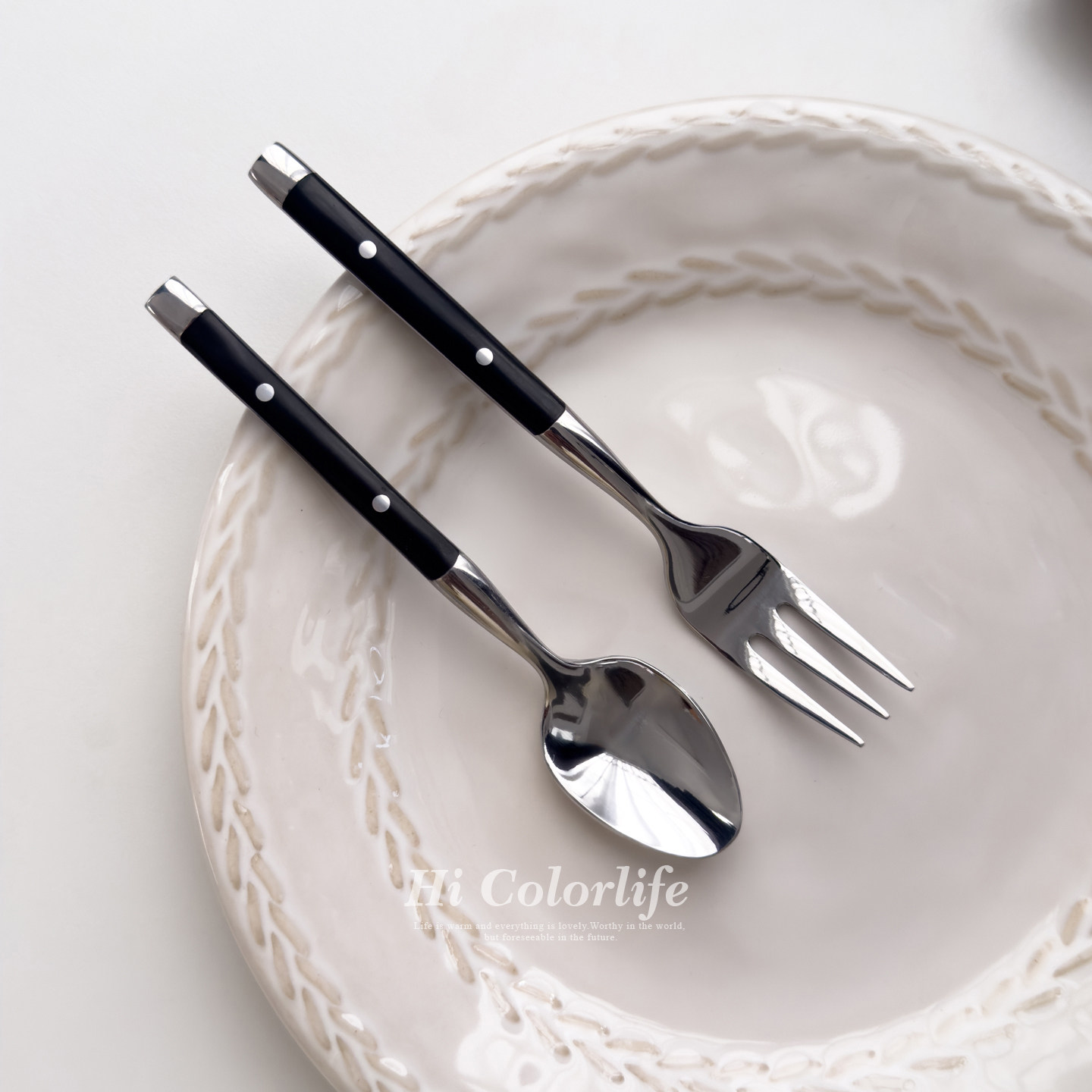 Hi 巴伐利亚 黑柄两颗不锈钢钉刀叉勺西餐具套装黑色手柄勺子叉子