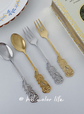 ins韩国风玫瑰花甜品勺家用宿舍金属餐具蛋糕勺复古不锈钢水果叉