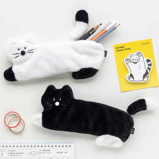 韩国Romane女孩毛绒摇尾巴猫咪拉链笔袋 收纳铅笔袋 白色黑色