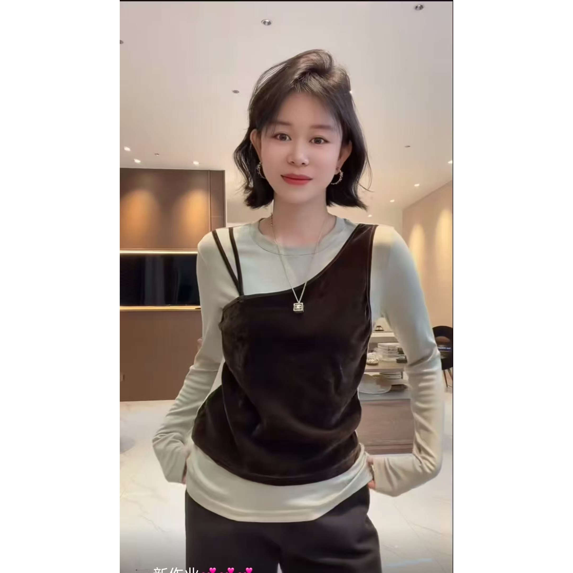 韩版假两件拼接长袖大码女POLO衫