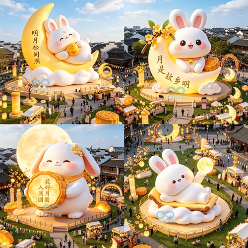 充气月球弯云中秋节网红玉兔月兔抱月饼大型发光月亮美陈装饰气模