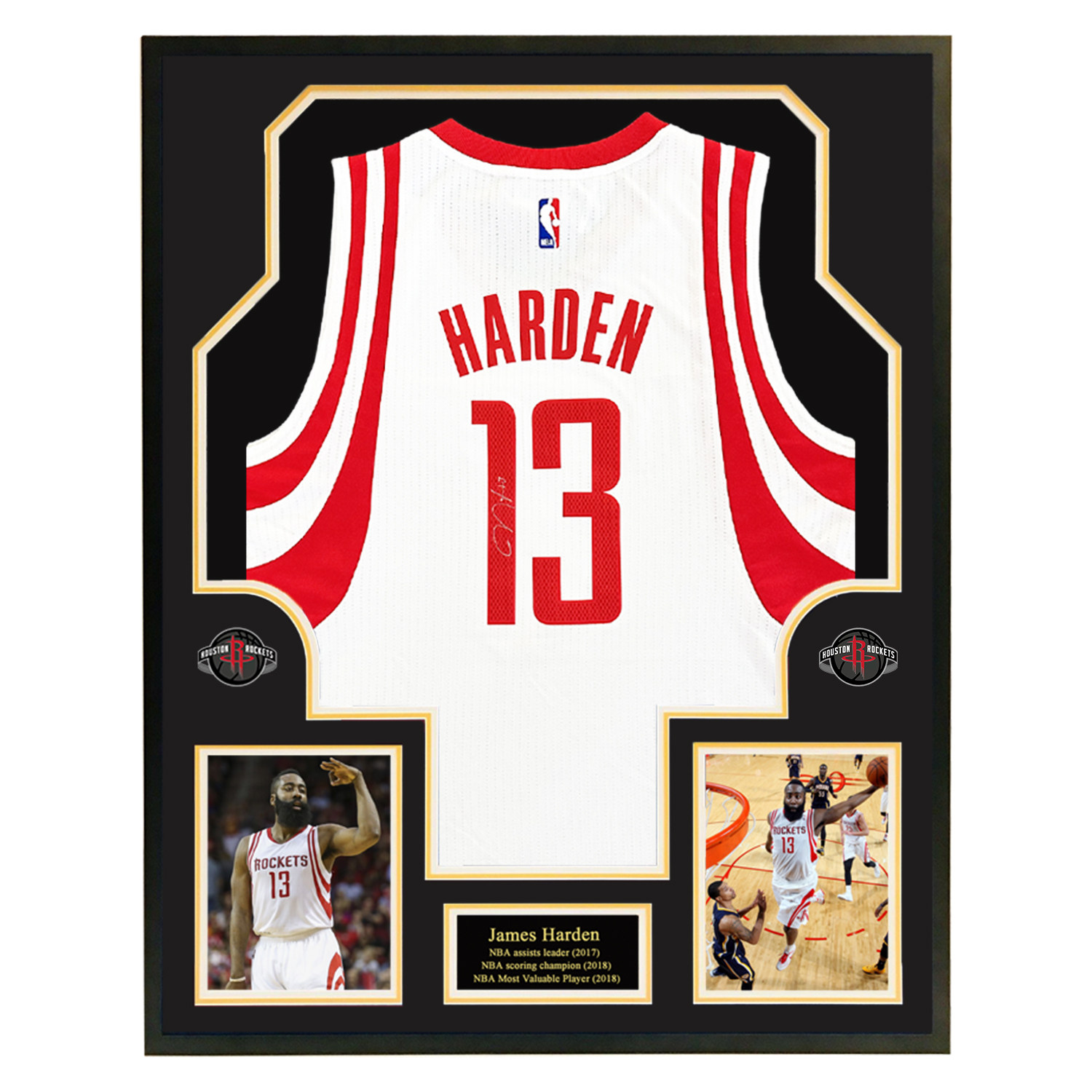 哈登亲笔签名火箭13号白色球衣 带证书 裱框