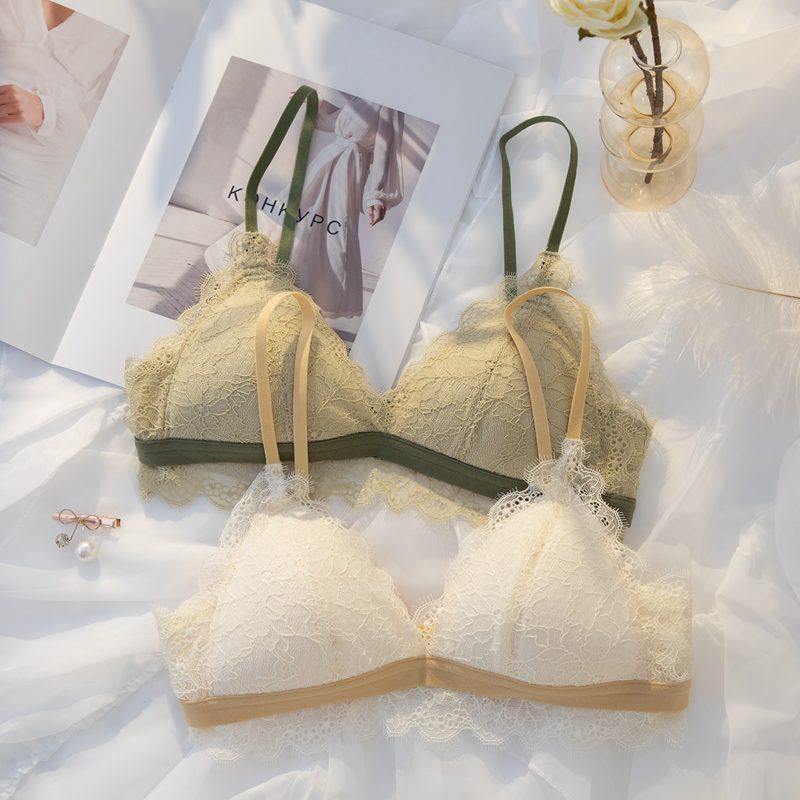 法式美背三角杯薄款大胸显小聚拢无海绵大学生纯欲少女文胸罩套装