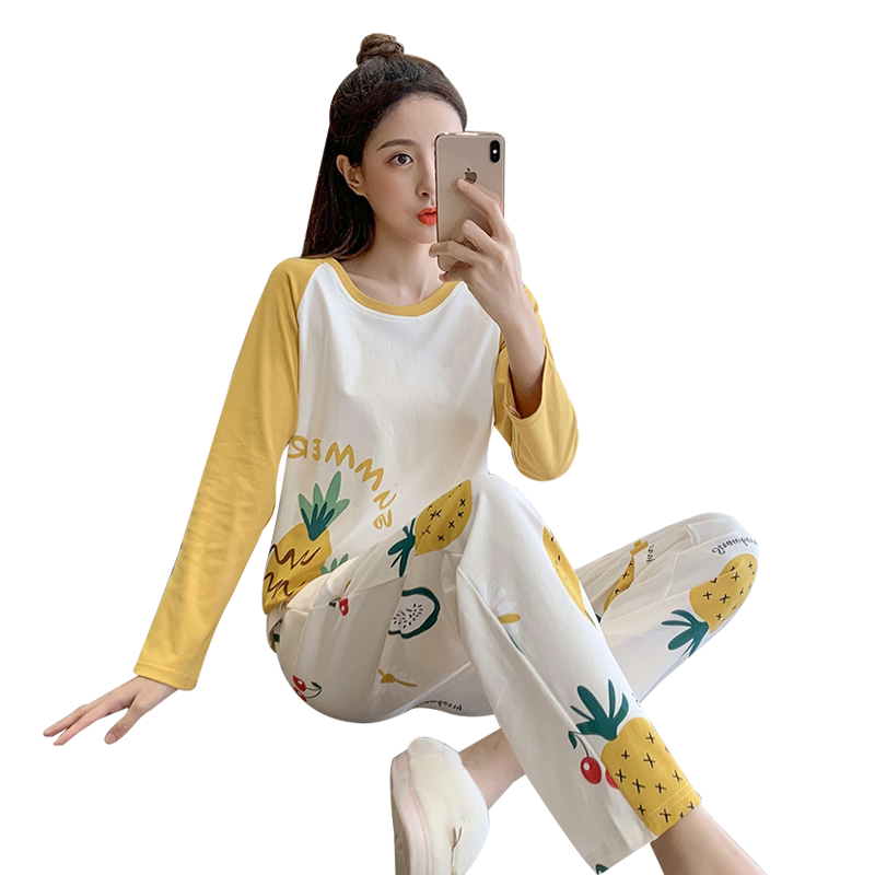 睡衣女纯棉春秋新款简约长袖长裤套装秋季少女宽松休闲全棉家居服