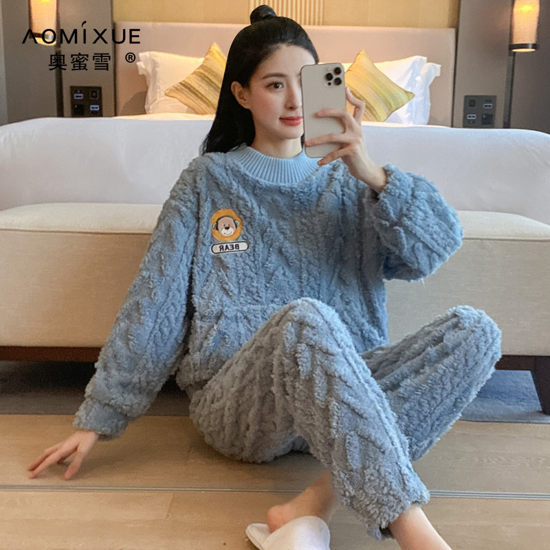 珊瑚绒睡衣女士秋冬加厚保暖长袖套装法兰绒加绒冬季高简约家居服