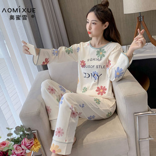 长袖睡衣女春秋纯棉圆领2025新款长裤套装女生休闲简约秋冬家居服