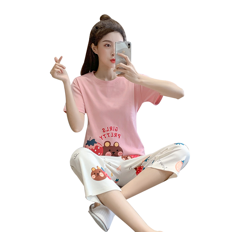 草莓韩版七分裤两件套卡通家居服