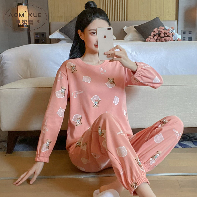 睡衣女纯棉春秋可爱卡通少女长袖长裤家居服秋季套头可外穿两件套