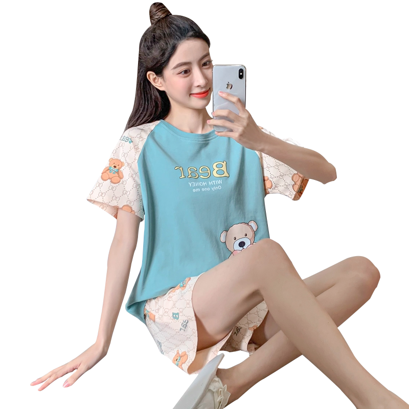 睡衣女士夏季新款纯棉短袖短裤可爱卡通学生家居服薄款可外穿套装