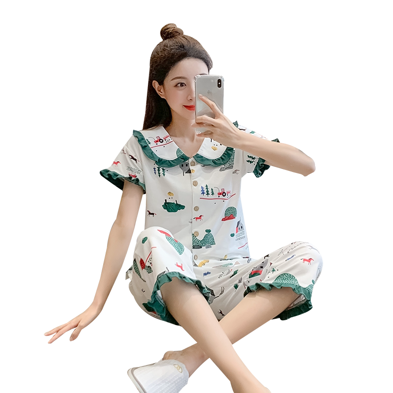 纯棉短袖开衫七分裤韩版家居服